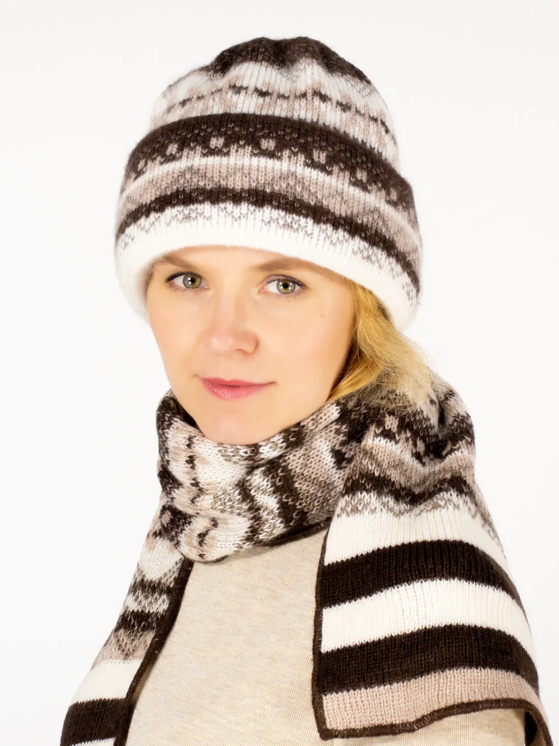Комплект зимний женский шапка+шарф Дарина (Цвет коричневый), размер 56-58, шерсть 50%, мохер 30%