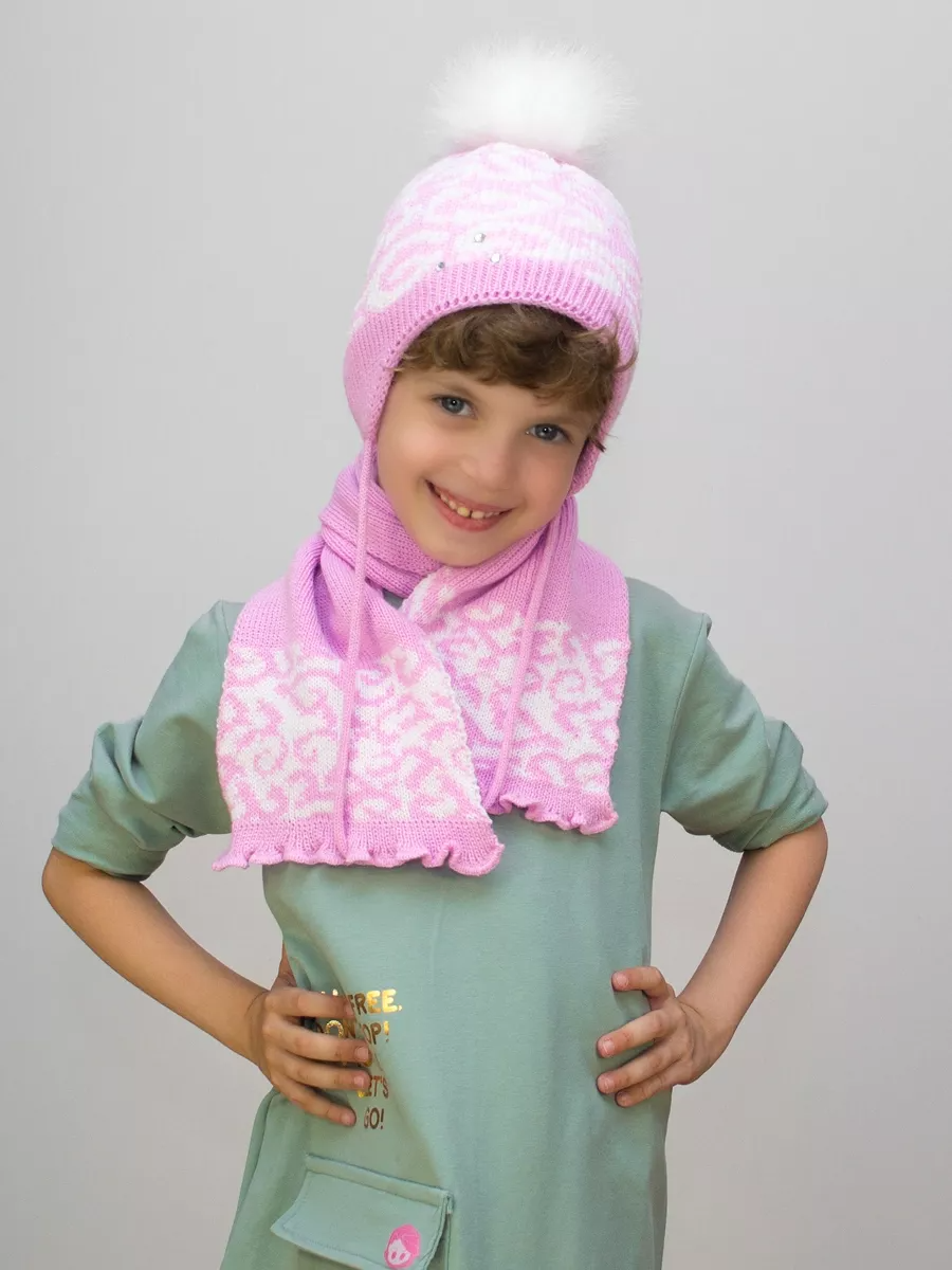 Комплект зимний для девочки шапка+шарф Милочка (Цвет светло сиреневый), размер 48-50, шерсть 30%