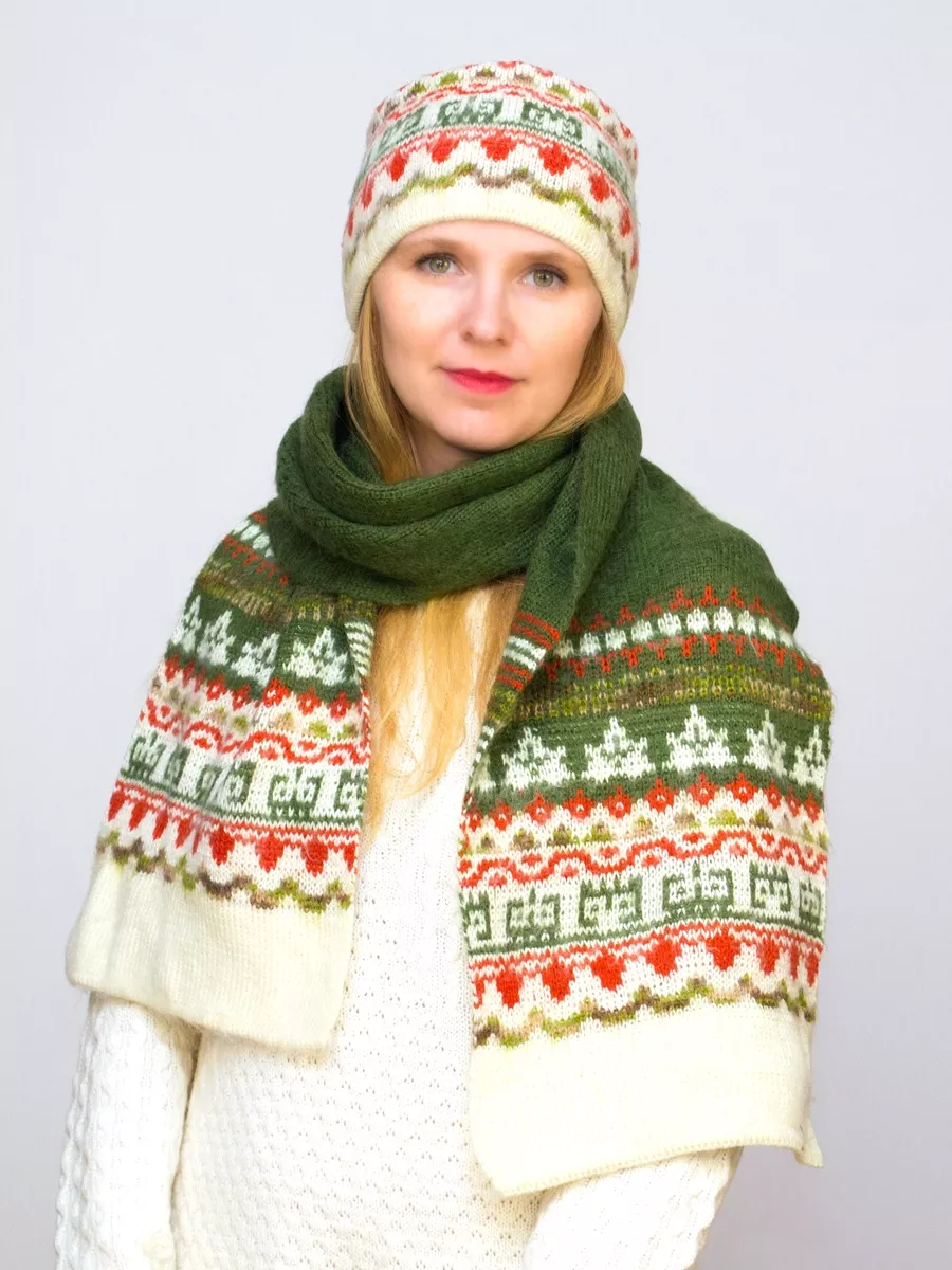Комплект зимний женский повязка+шарф Узоры (Цвет гороховый), размер 56-58, шерсть 70%