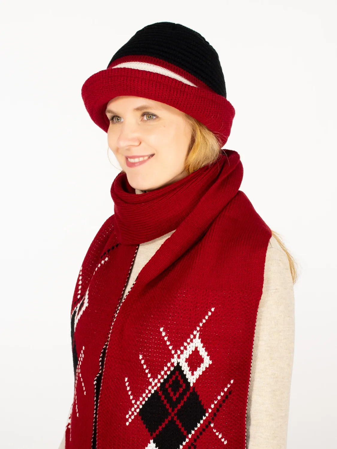 Комплект шляпа+шарф женский весна-осень Bloom (Цвет вишневый), размер 56-58, шерсть 30%