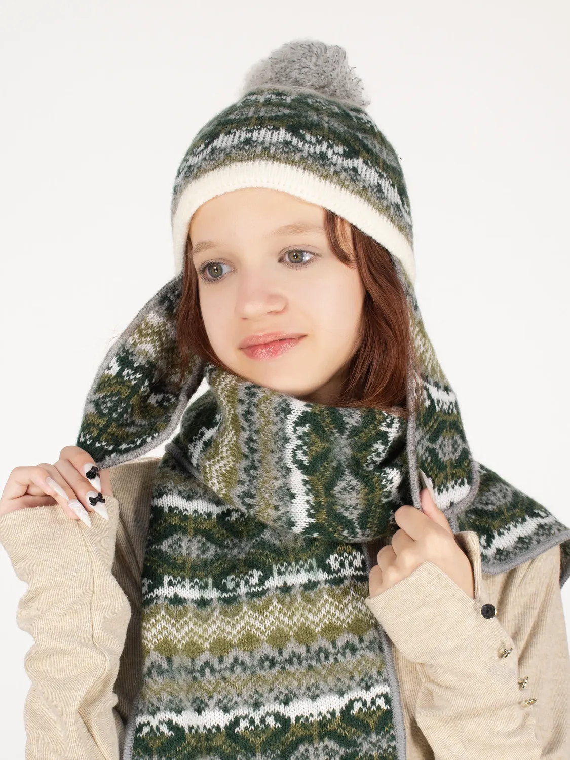 Комплект зимний для девочки шапка+шарф Мурзилка (Цвет болотный), размер 52-54, шерсть 70%