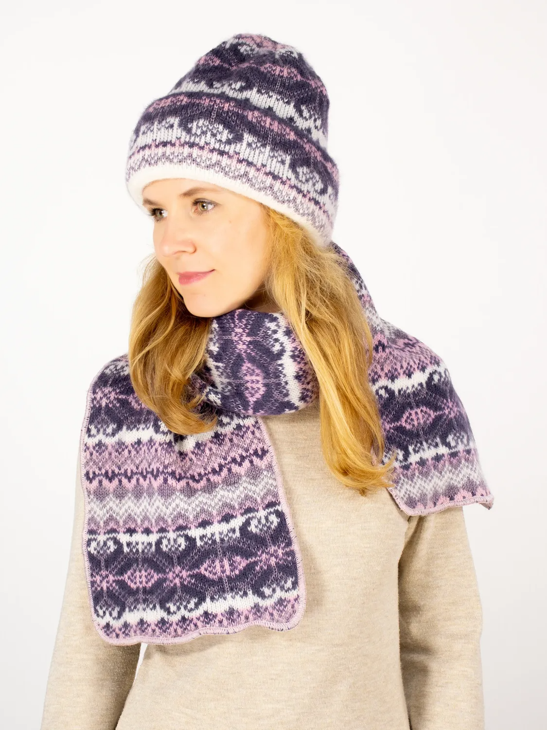 Комплект зимний женский шапка+шарф Валентина (Цвет фиолетовый), размер 56-58, шерсть 50%, мохер 30%