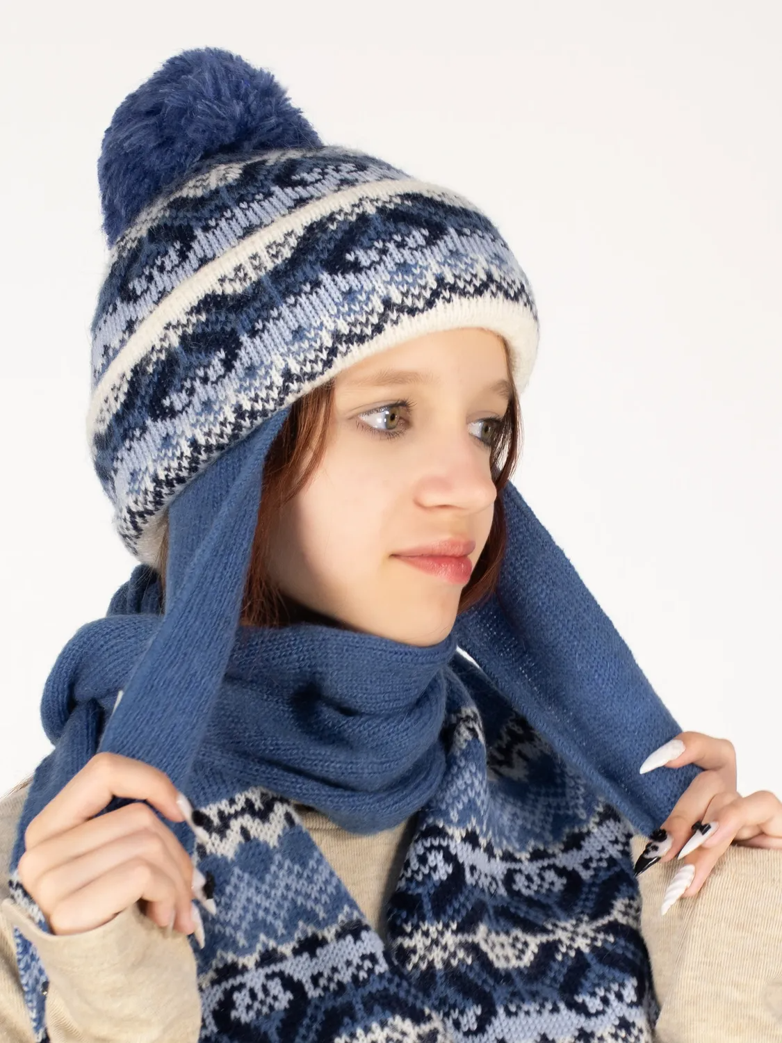 Комплект зимний для девочки шапка+шарф Сибирия (Цвет синий), размер 52-54, шерсть 70%