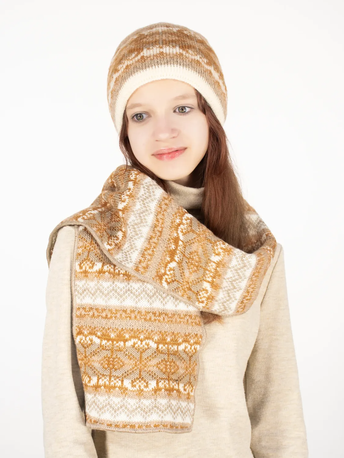 Комплект зимний женский шапка+шарф Марселан (Цвет бежевый), размер 54-56, шерсть 50%, мохер 30%