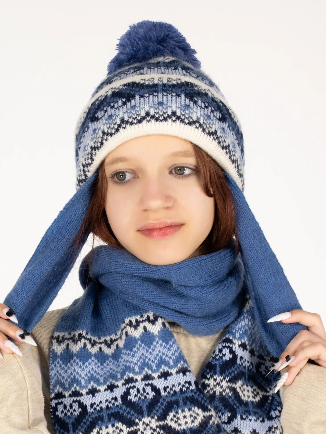 Комплект зимний для девочки шапка+шарф Сибирия (Цвет синий), размер 52-54, шерсть 70%