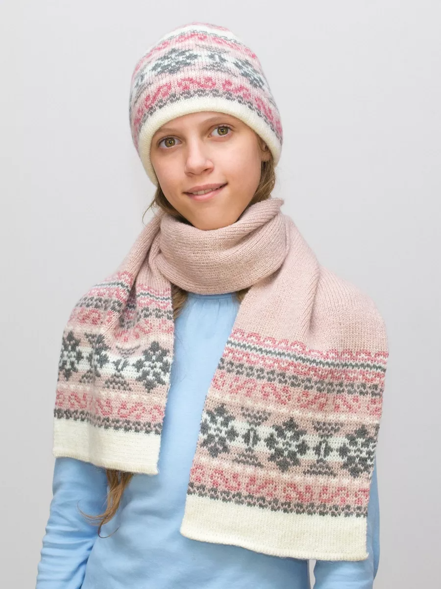 Комплект зимний женский шапка+шарф Адилин (Цвет пудровый), размер 54-56, шерсть 50%, мохер 30%