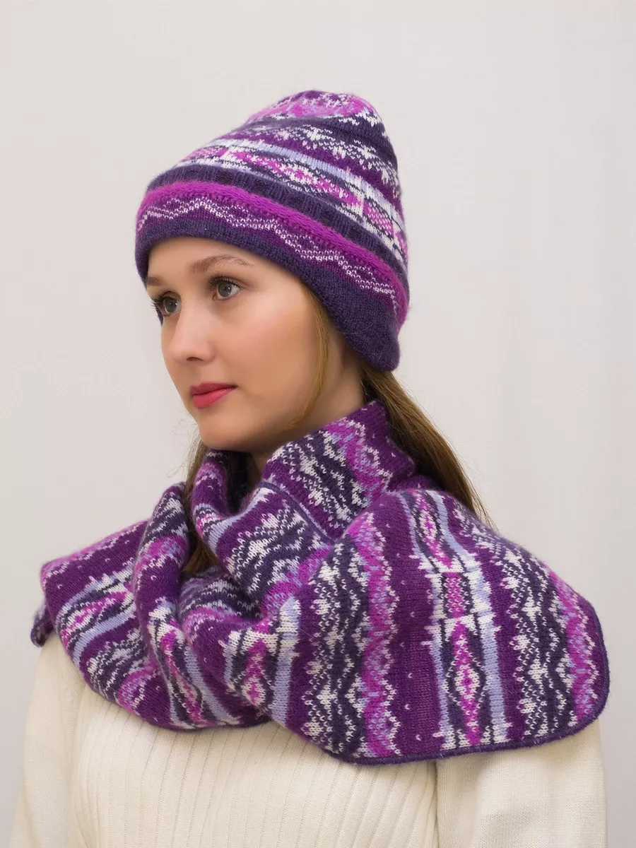 Комплект зимний женский шапка+шарф Мохер (Цвет фиолетовый), размер 54-56, мохер 50%