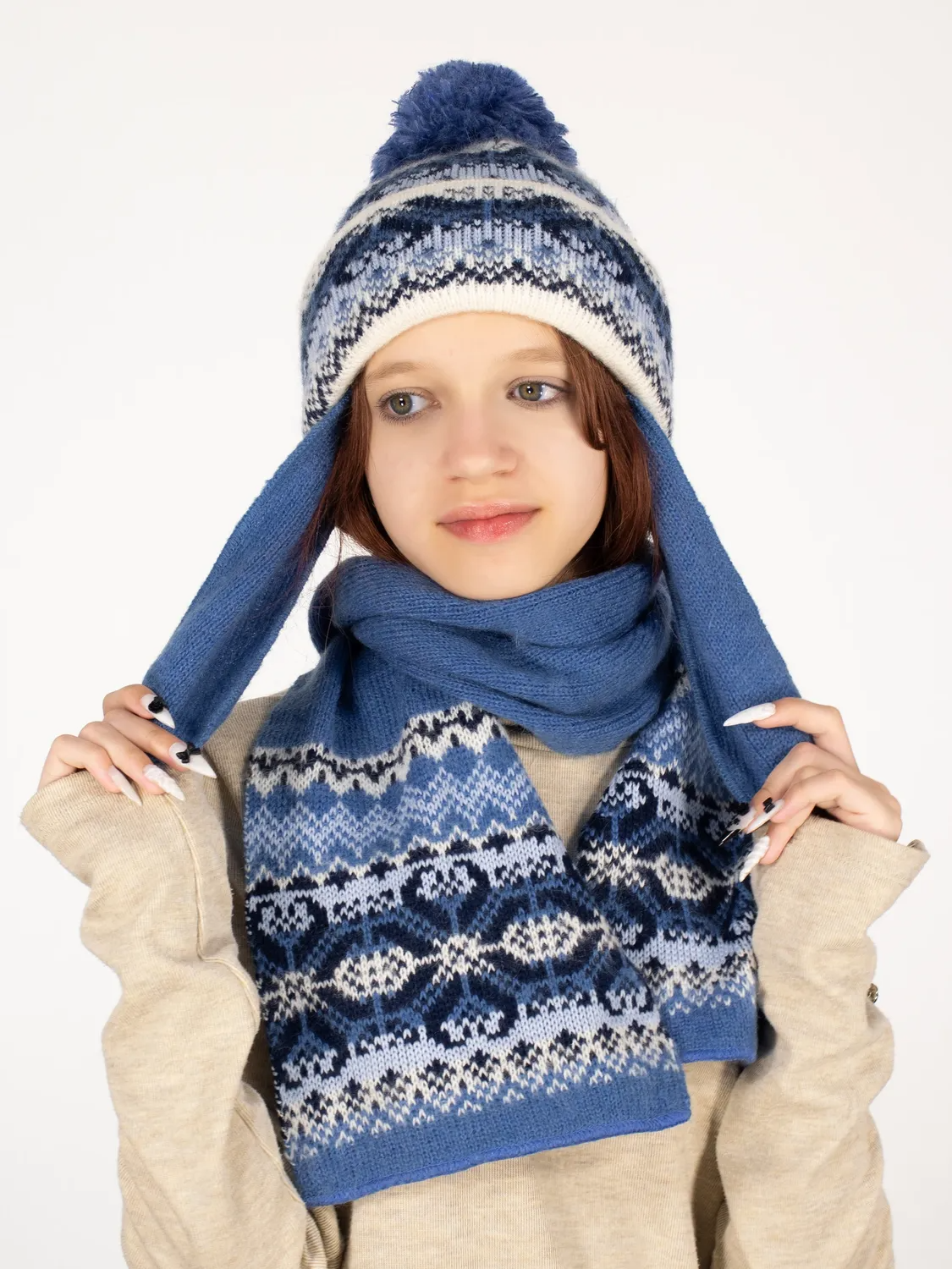 Комплект зимний для девочки шапка+шарф Сибирия (Цвет синий), размер 52-54, шерсть 70%