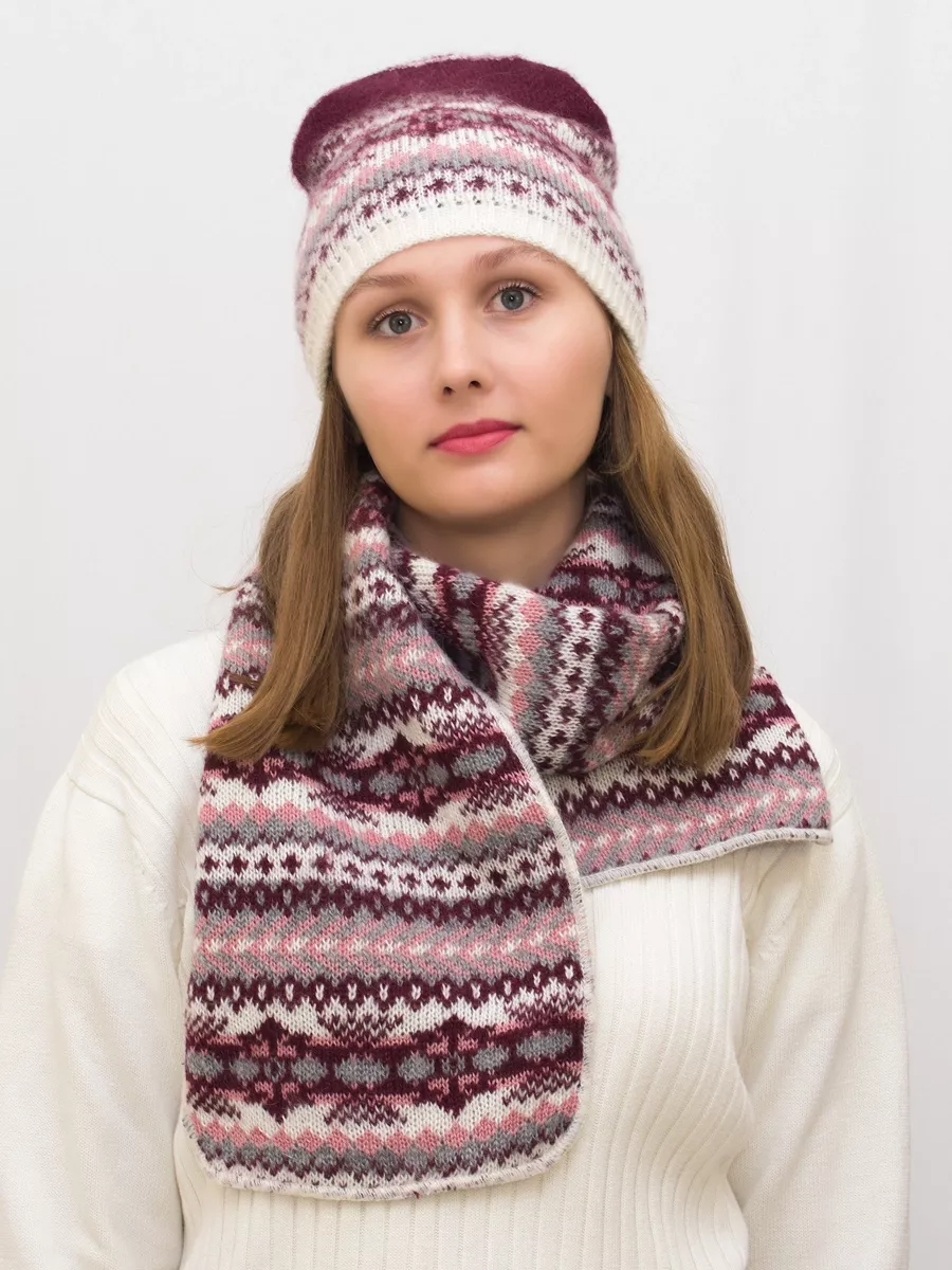 Комплект зимний женский шапка+шарф Анабель (Цвет бордовый), размер 56-58, шерсть 50%, мохер 30%