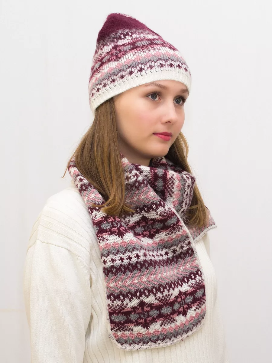 Комплект зимний женский шапка+шарф Анабель (Цвет бордовый), размер 56-58, шерсть 50%, мохер 30%