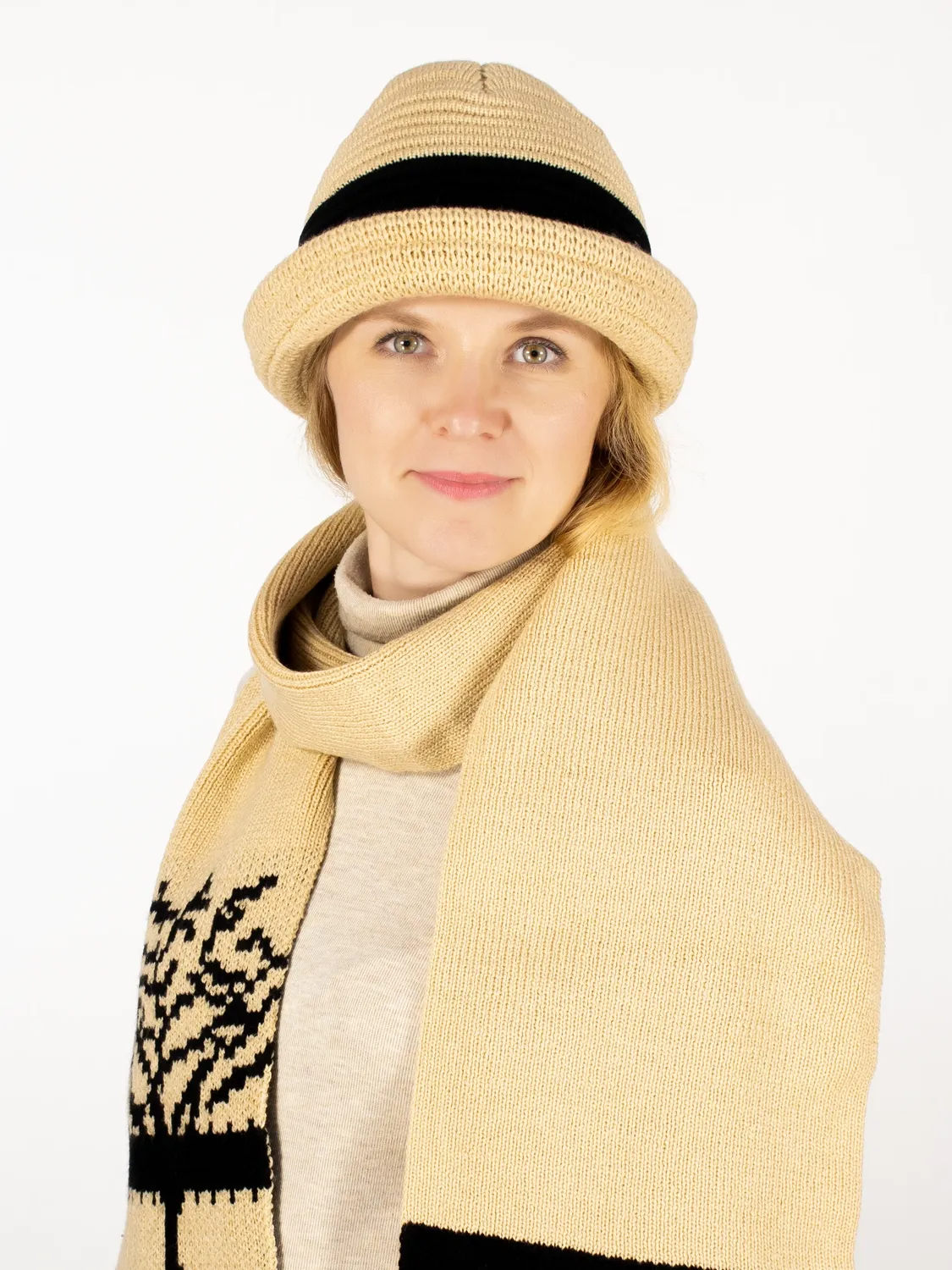 Комплект шляпа+шарф женский весна-осень Wood (Цвет бежевый), размер 54-56, шерсть 30%
