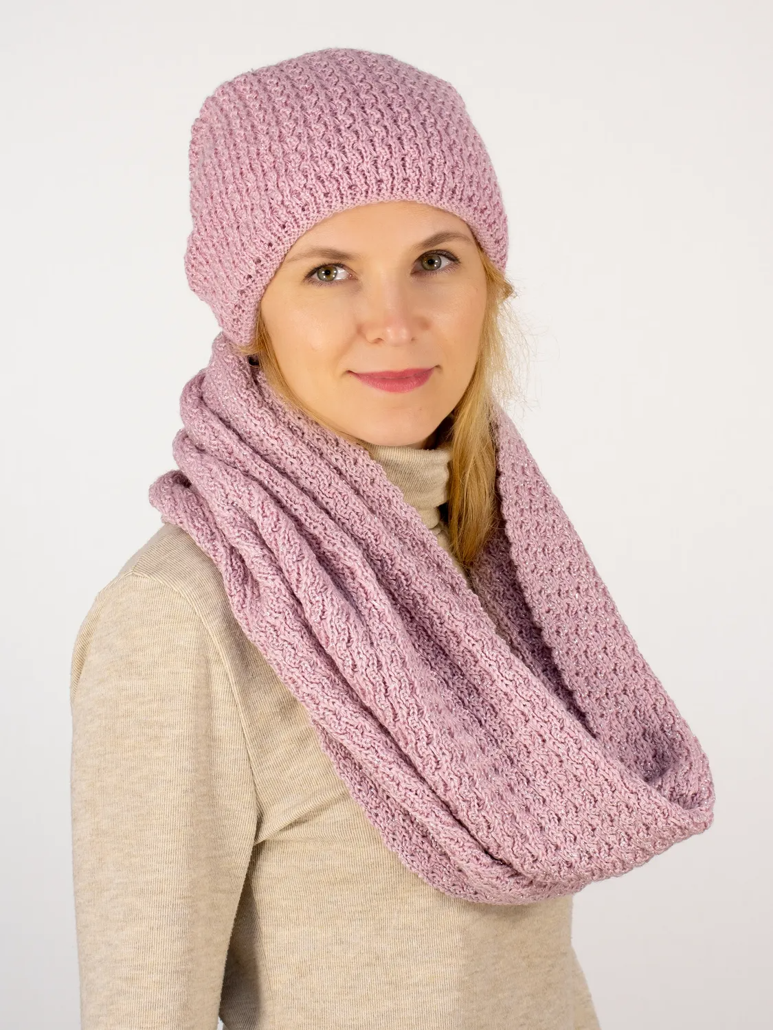 Комплект зимний женский шапка+шарф Матильда (Цвет лавандово-розовый), размер 56-58, шерсть 50%