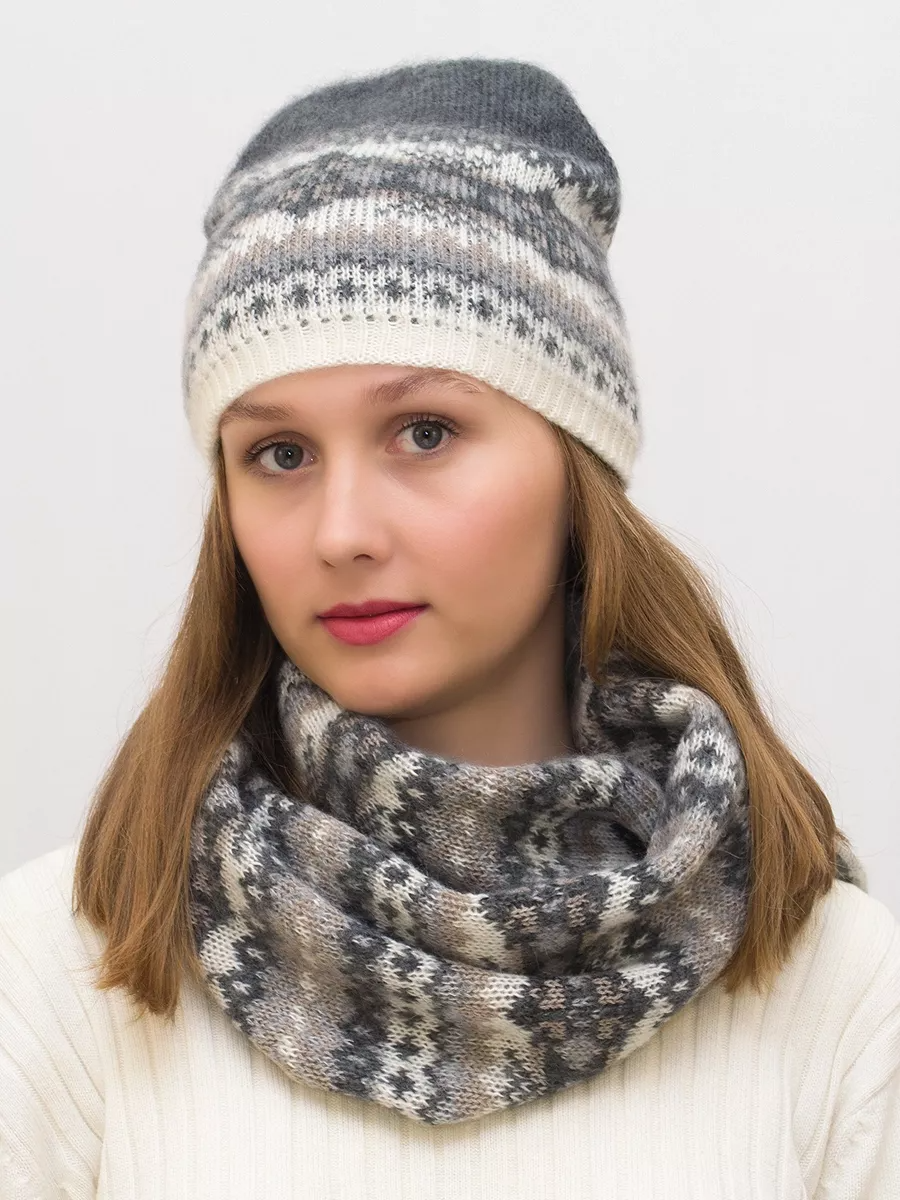 Комплект зимний женский шапка+шарф Анабель (Цвет серый), размер 56-58, шерсть 50%, мохер 30%