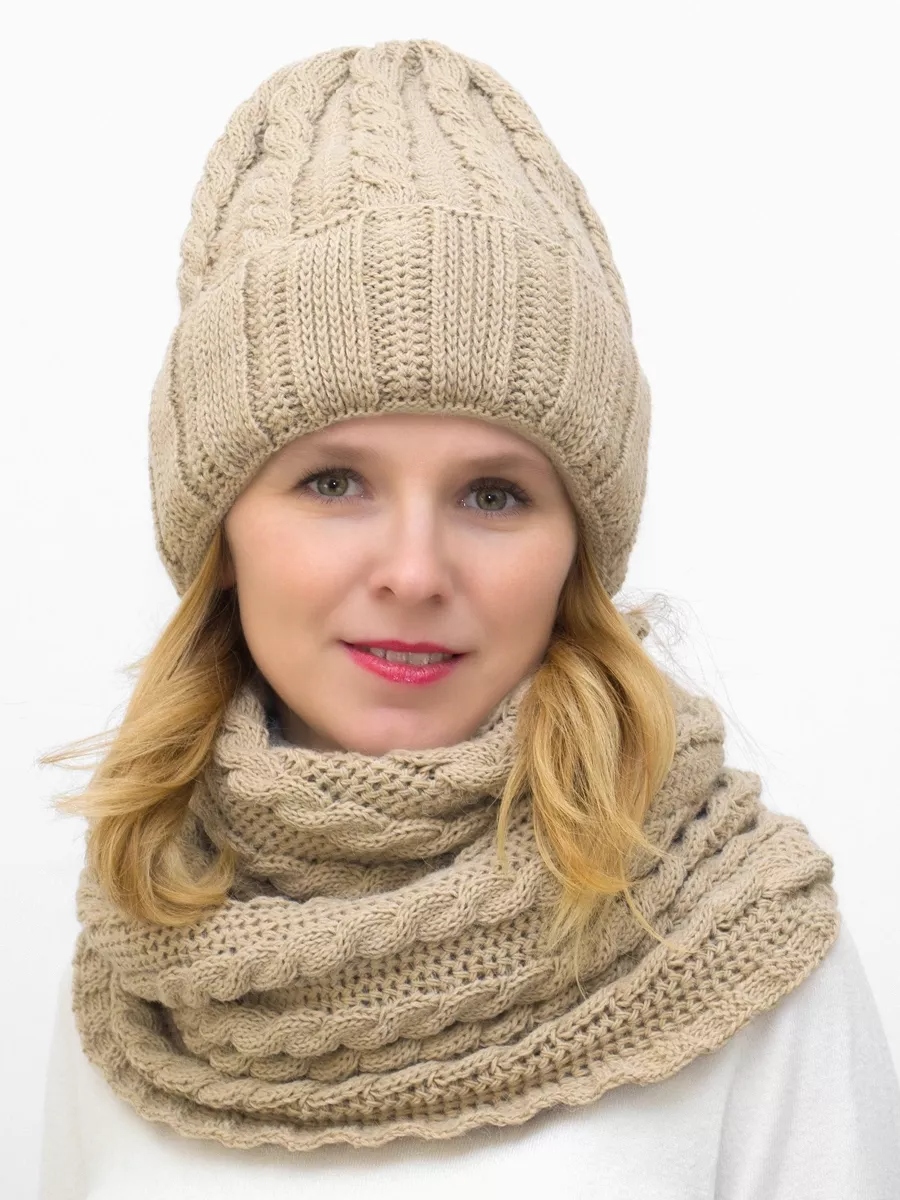Комплект зимний женский шапка+снуд Марта (Цвет бежевый), размер 56-58, шерсть 30%