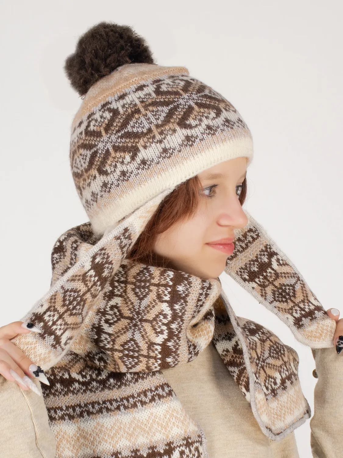 Комплект зимний для девочки шапка+шарф Мурзилка (Цвет светло-коричневый), размер 52-54, шерсть 70%
