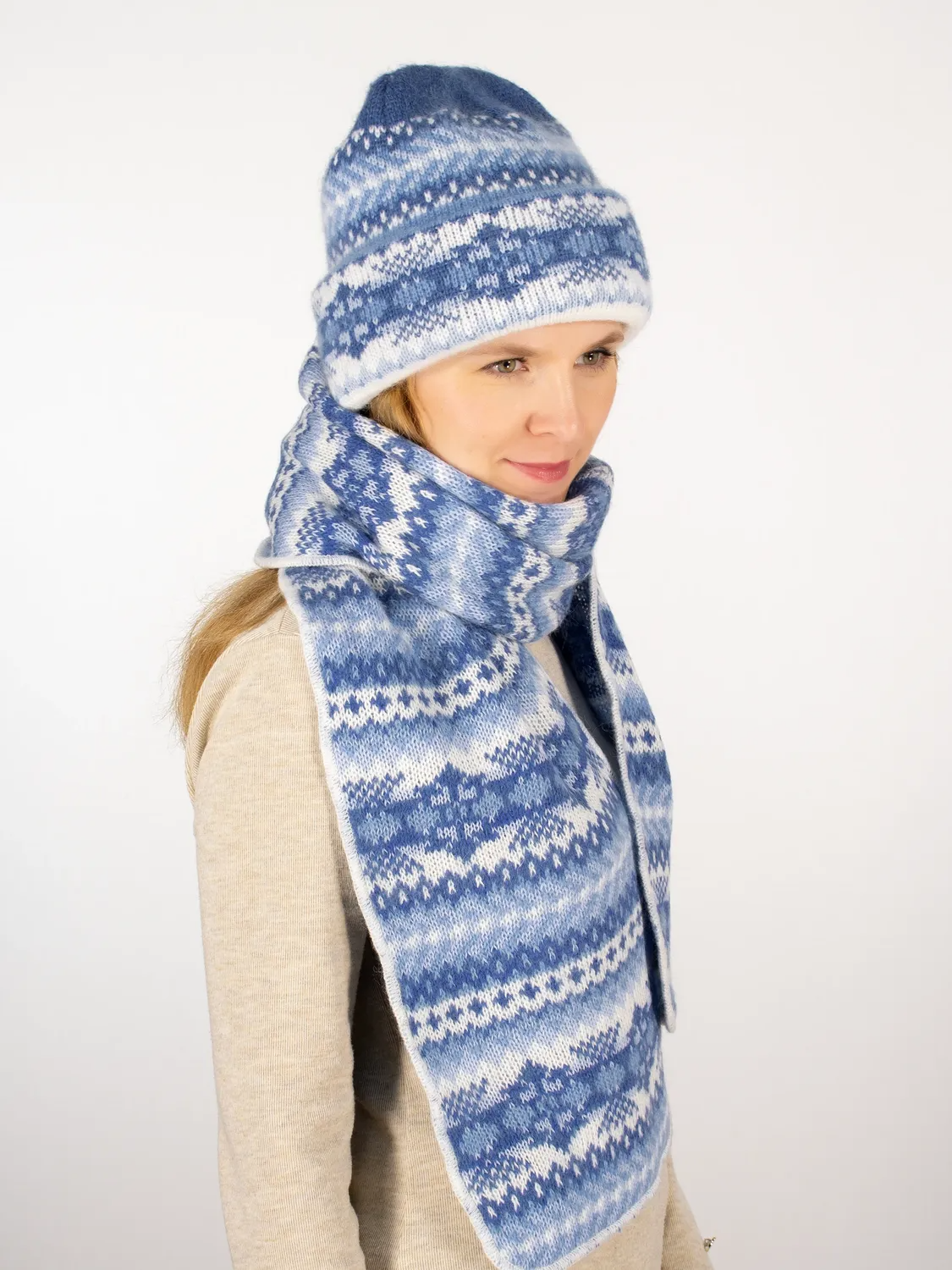 Комплект зимний женский шапка+шарф Дарья (Цвет голубой), размер 56-58, шерсть 50%, мохер 30%