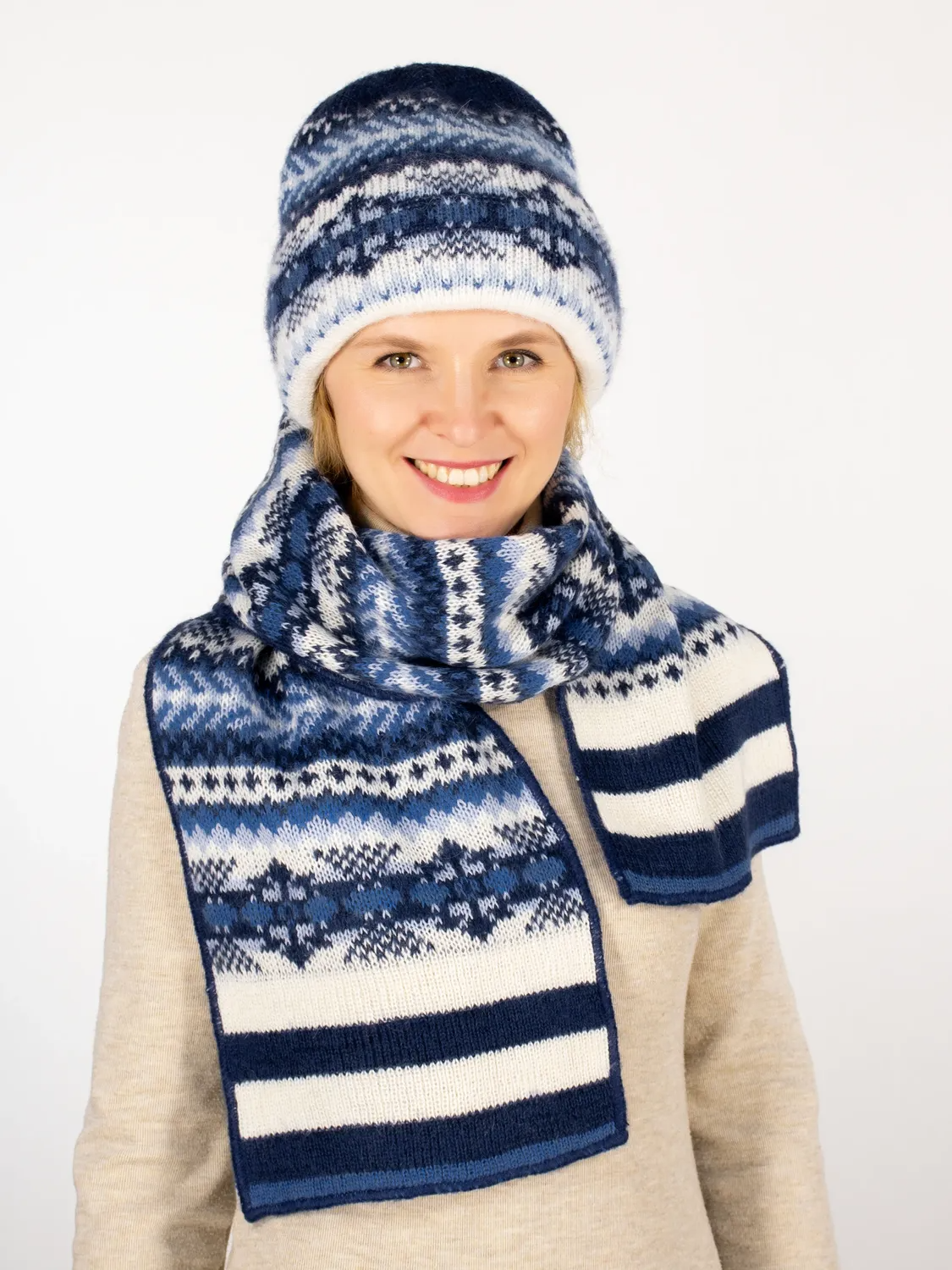 Комплект зимний женский шапка+шарф Дарья (Цвет синий), размер 56-58, шерсть 50%, мохер 30%