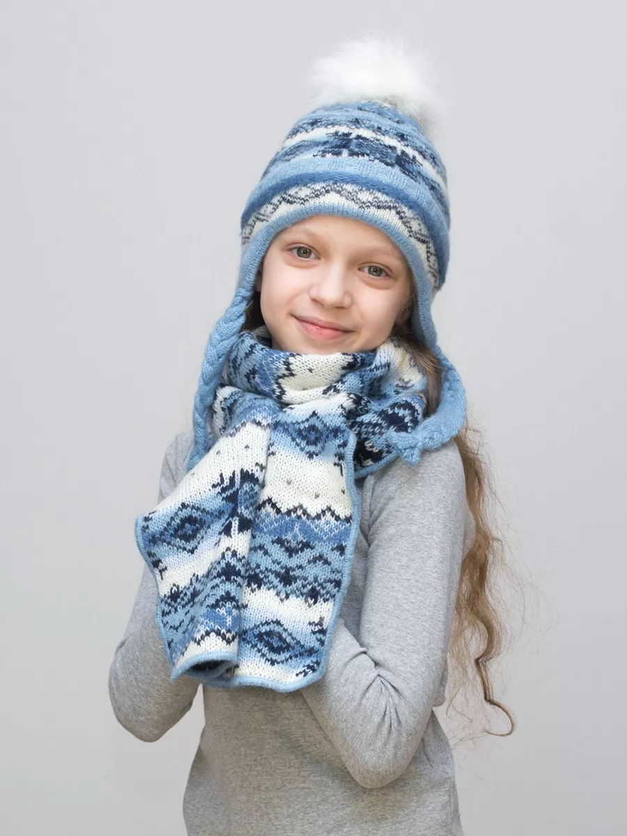 Комплект зимний для девочки шапка+шарф Анютка (Цвет голубой), размер 52-54, шерсть 70%