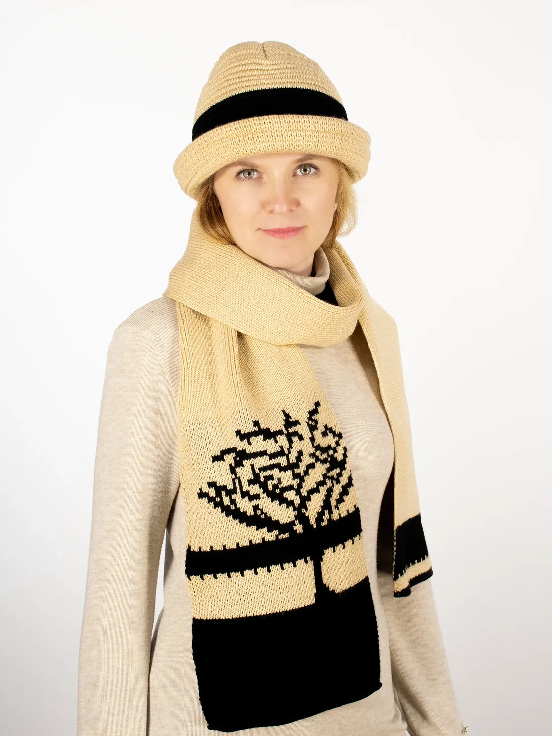 Комплект шляпа+шарф женский весна-осень Wood (Цвет бежевый), размер 54-56, шерсть 30%