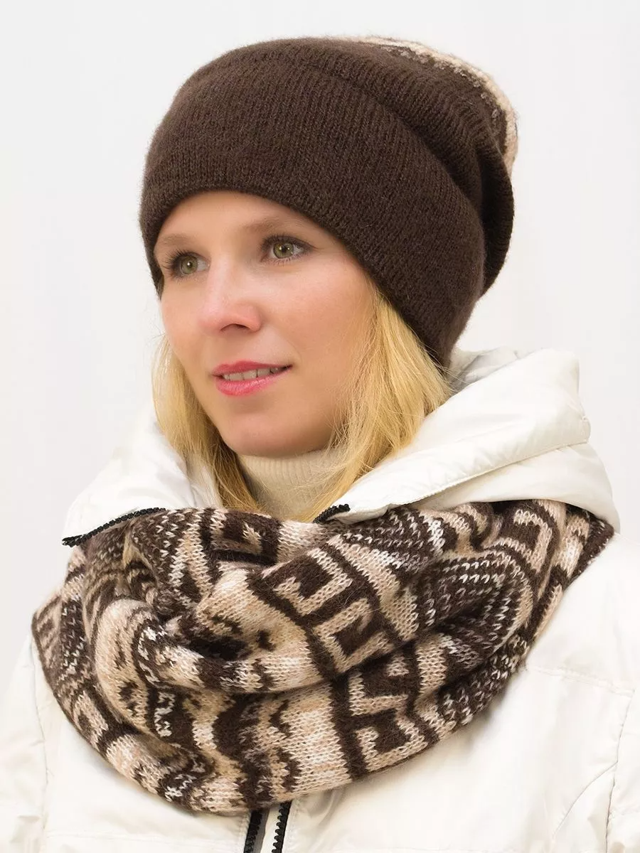 Комплект зимний женский шапка+шарф Зима (Цвет коричневый), размер 56-58, шерсть 30%, мохер 50%