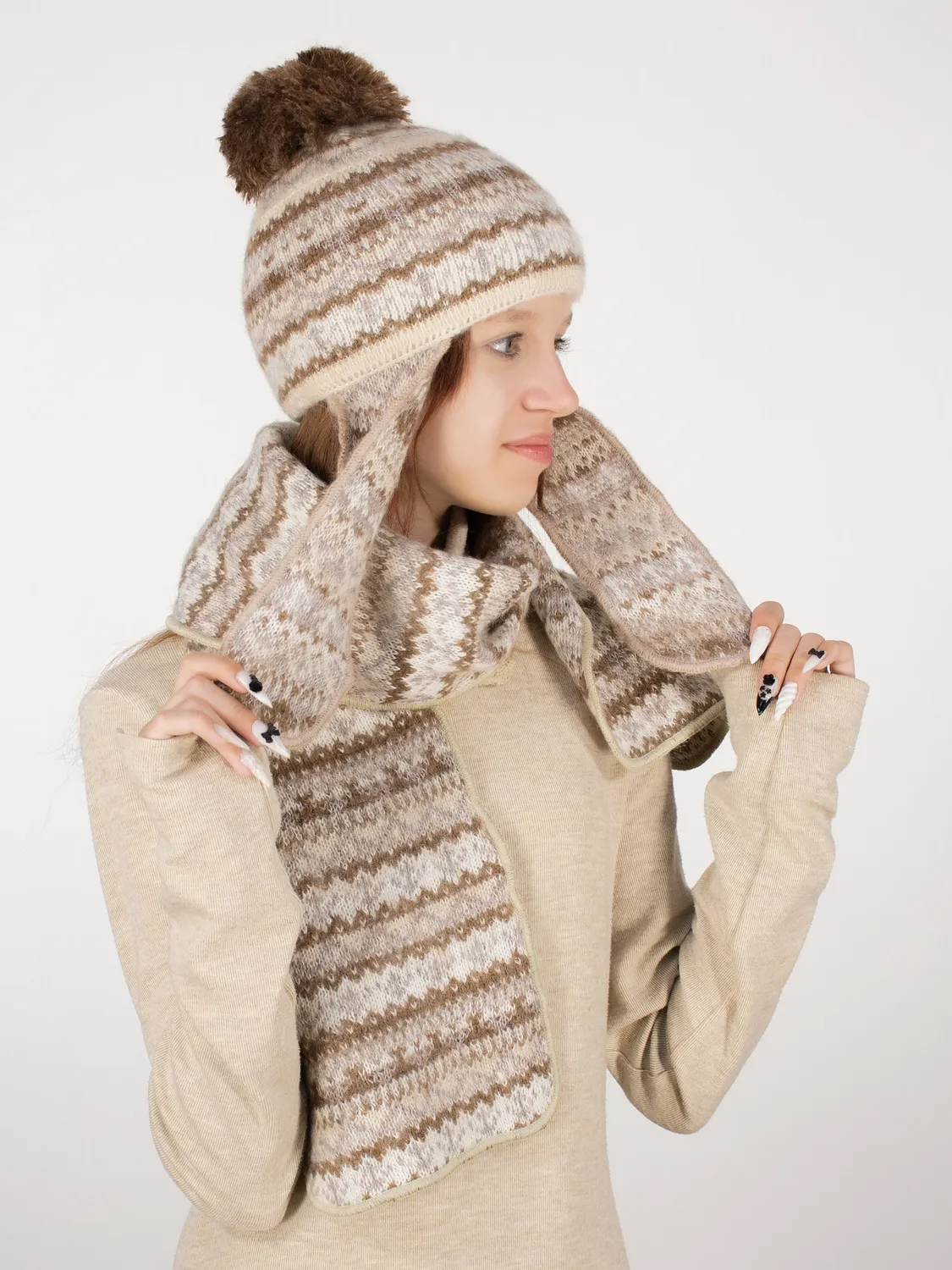 Комплект зимний для девочки шапка+шарф Мурзилка (Цвет бежевый), размер 52-54, шерсть 70%