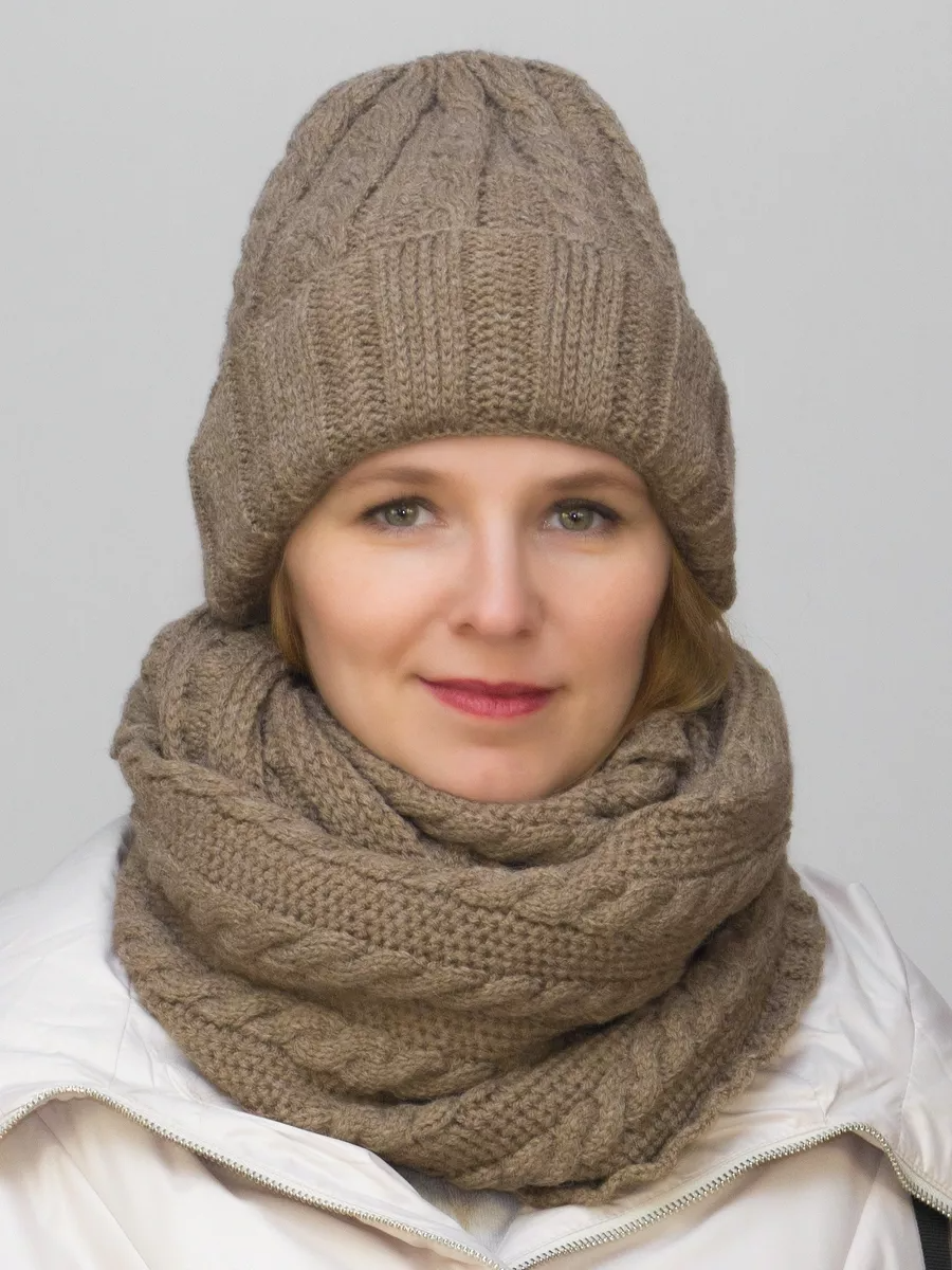 Комплект зимний женский шапка+снуд Марта (Цвет песочный), размер 56-58, шерсть 30%