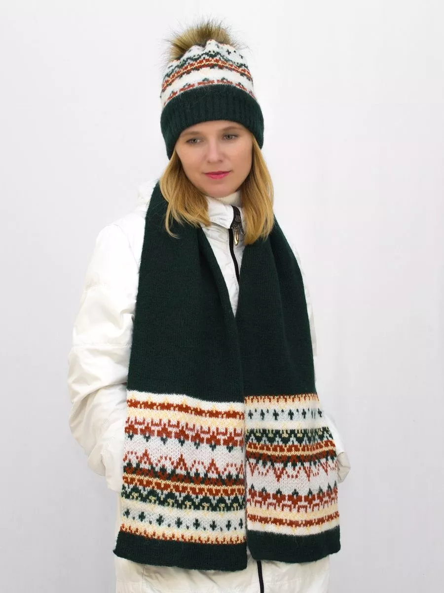 Комплект зимний женский шапка+шарф Алэйна (Цвет зеленый), размер 54-56, шерсть 70%