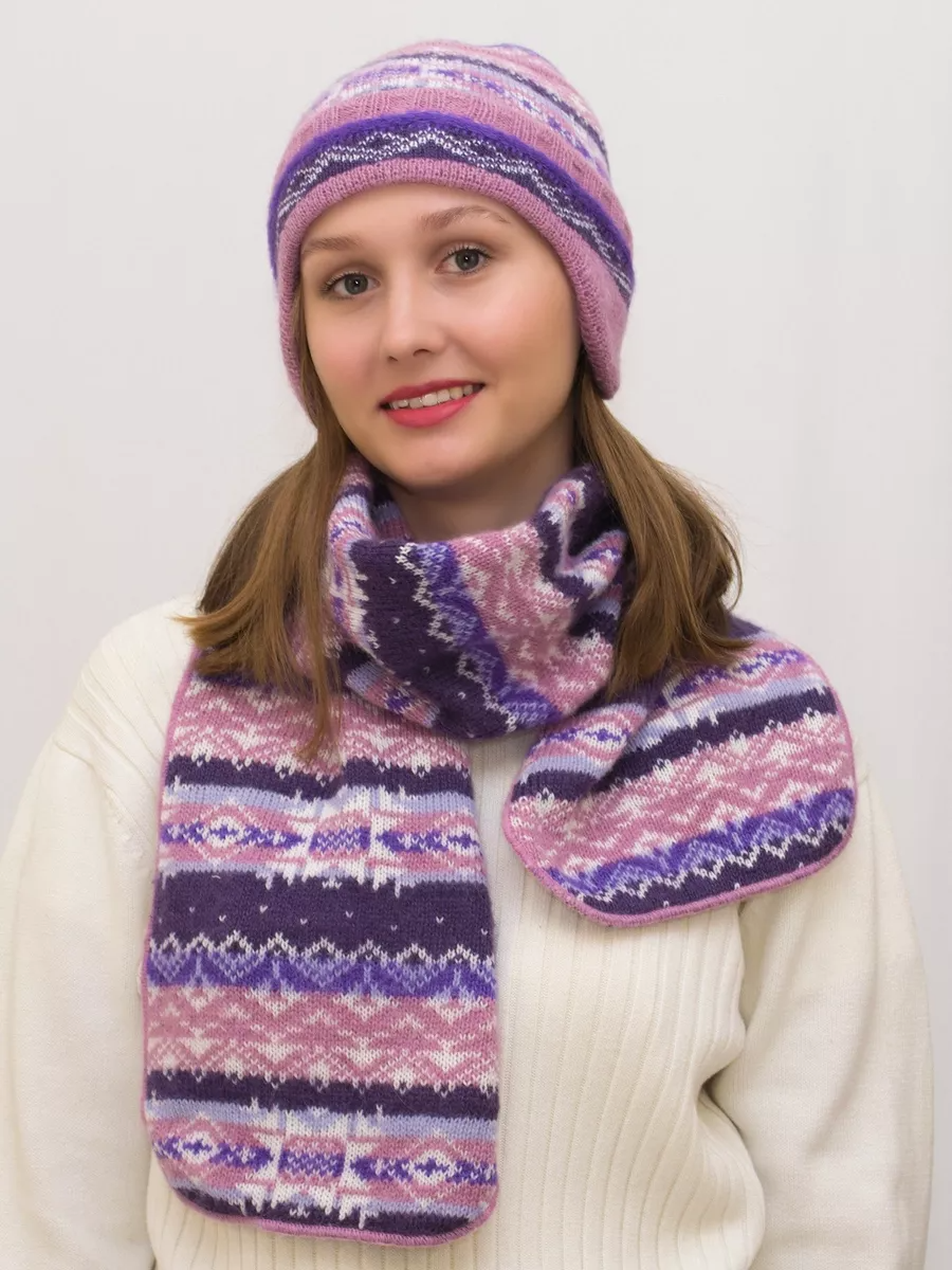 Комплект зимний женский шапка+шарф Мохер (Цвет розовый/сиреневый), размер 54-56, мохер 50%