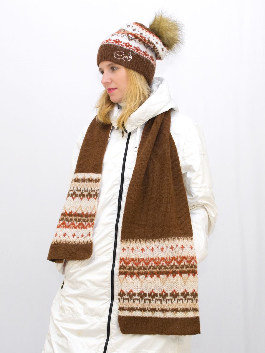 Комплект зимний женский шапка+шарф Арабель (Цвет коричневый), размер 54-56, шерсть 70%