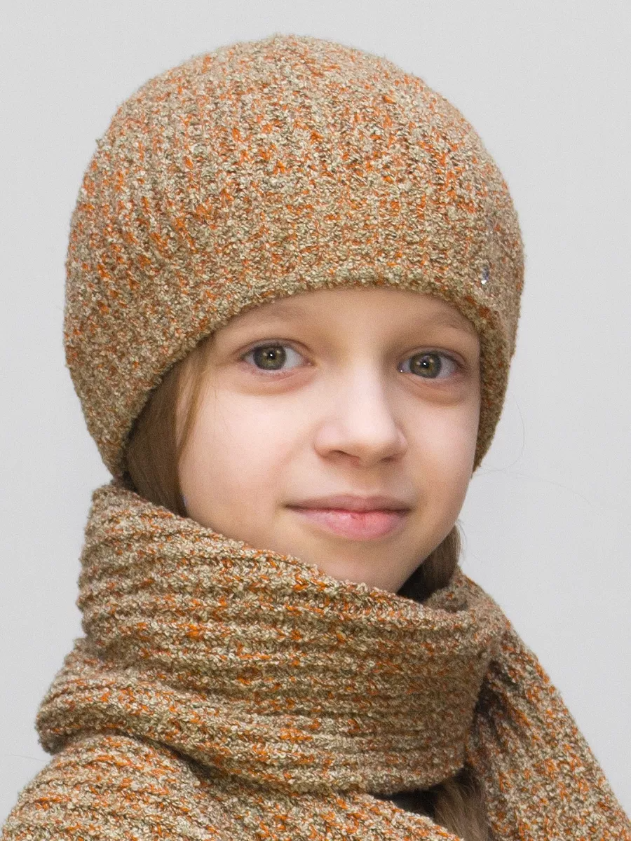 Комплект зимний для девочки шапка+шарф Адела (Цвет оранжевый), размер 52-54, шерсть 80%