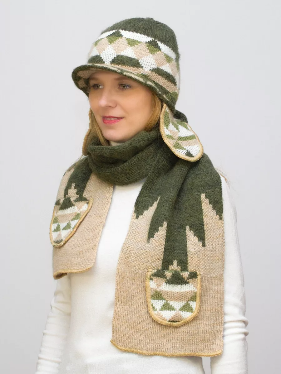 Комплект зимний женский шапка+снуд Алсу (Цвет зеленый), размер 56-58, шерсть 80%