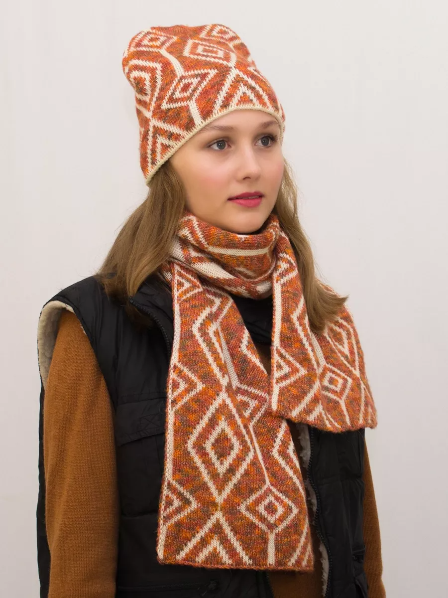 Комплект зимний женский шапка+шарф Азалия (Цвет оранжевый), размер 56-58, шерсть 50%, мохер 30%