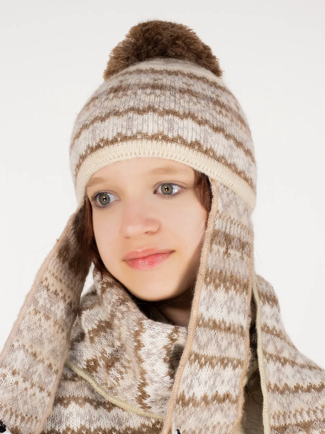 Комплект зимний для девочки шапка+шарф Мурзилка (Цвет бежевый), размер 52-54, шерсть 70%