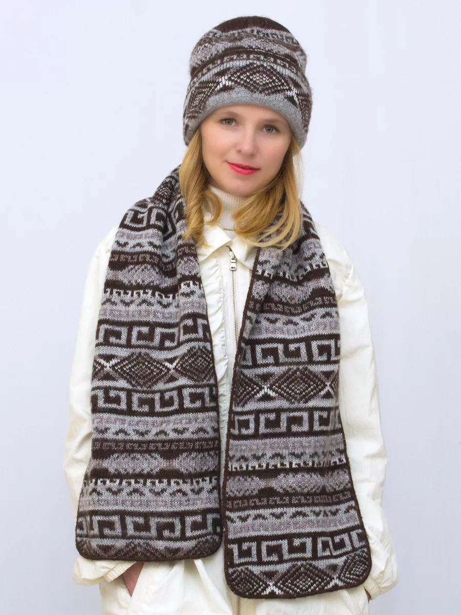 Комплект зимний женский шапка+шарф Зима (Цвет темно-коричневый), размер 56-58, шерсть 30%, мохер 50%