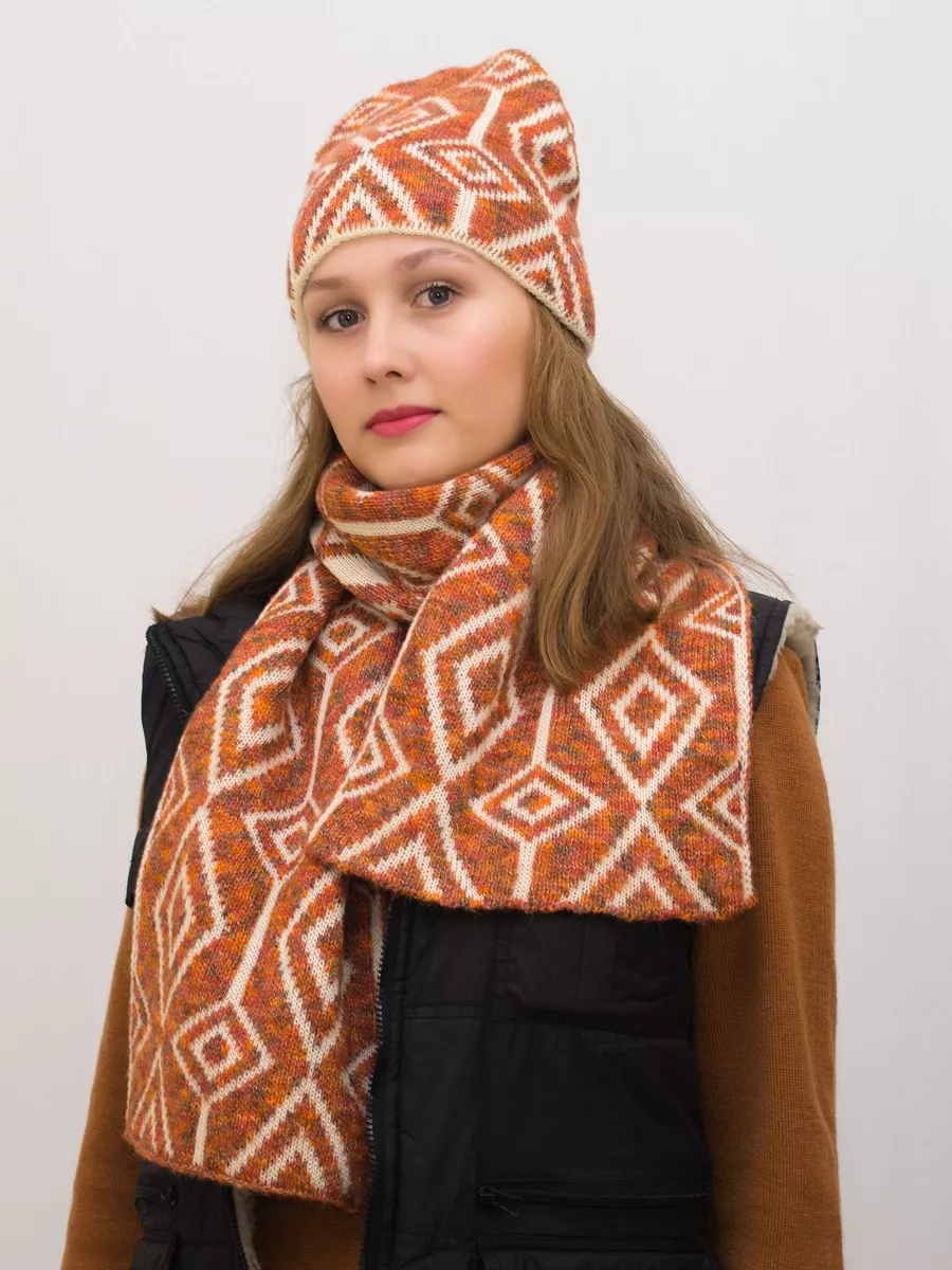 Комплект зимний женский шапка+шарф Азалия (Цвет оранжевый), размер 56-58, шерсть 50%, мохер 30%