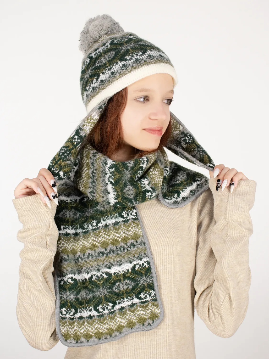 Комплект зимний для девочки шапка+шарф Мурзилка (Цвет болотный), размер 52-54, шерсть 70%
