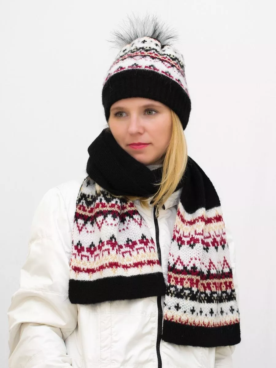 Комплект зимний женский шапка+шарф Алэйна (Цвет черный), размер 54-56, шерсть 70%