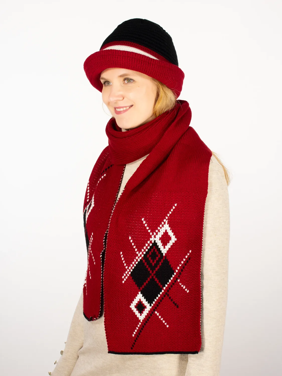 Комплект шляпа+шарф женский весна-осень Bloom (Цвет вишневый), размер 56-58, шерсть 30%