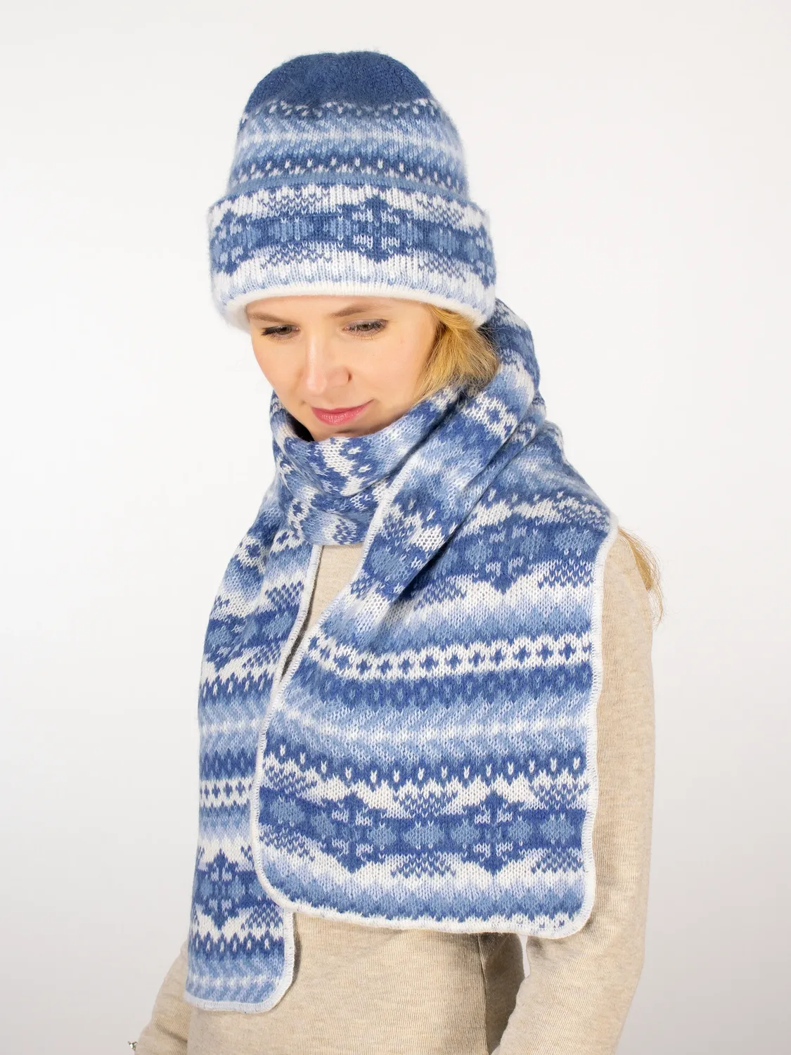 Комплект зимний женский шапка+шарф Дарья (Цвет голубой), размер 56-58, шерсть 50%, мохер 30%
