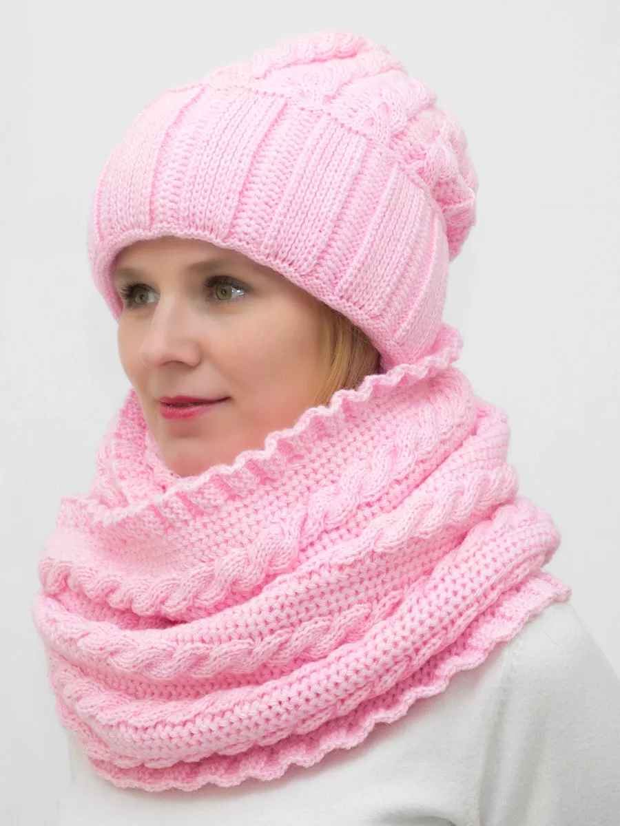 Комплект зимний женский шапка+снуд Марта (Цвет светло-розовый), размер 56-58, шерсть 30%