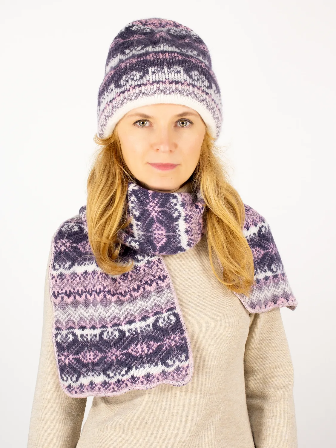 Комплект зимний женский шапка+шарф Валентина (Цвет фиолетовый), размер 56-58, шерсть 50%, мохер 30%