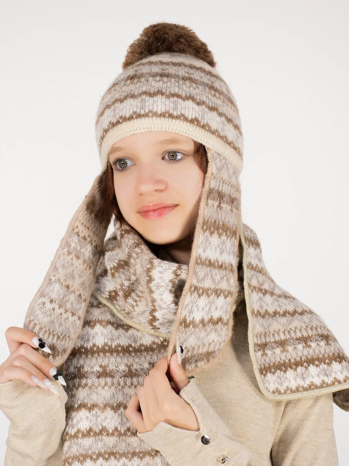 Комплект зимний для девочки шапка+шарф Мурзилка (Цвет бежевый), размер 52-54, шерсть 70%