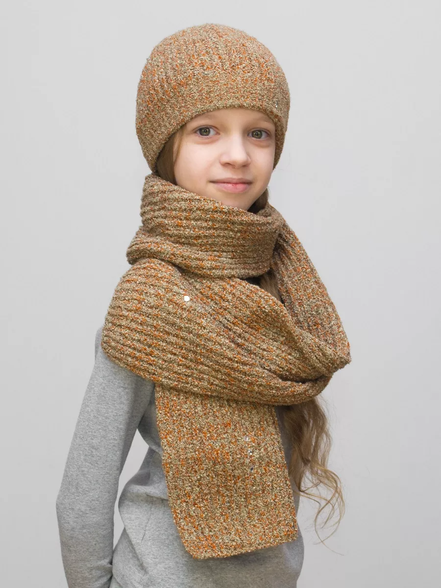 Комплект зимний для девочки шапка+шарф Адела (Цвет оранжевый), размер 52-54, шерсть 80%