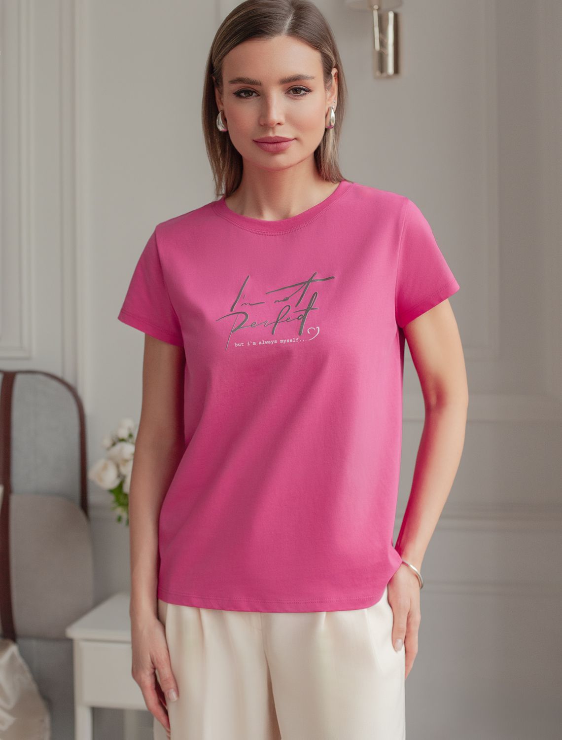 Футболка из 100% хлопка с авторским принтом. D49.092 розовая фуксия_perfect