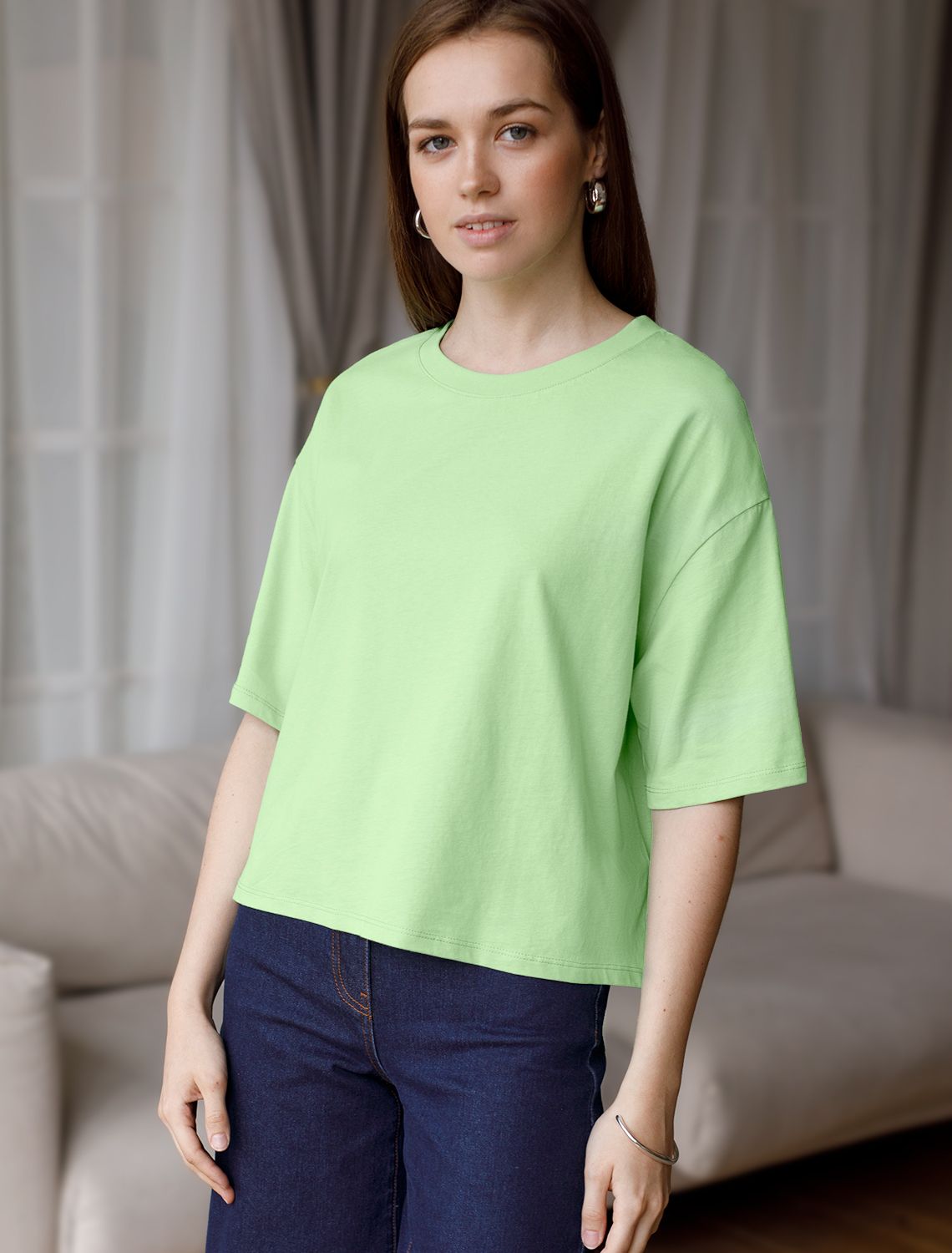 Укороченная футболка силуэта овер-сайз D49.090 фисташковый