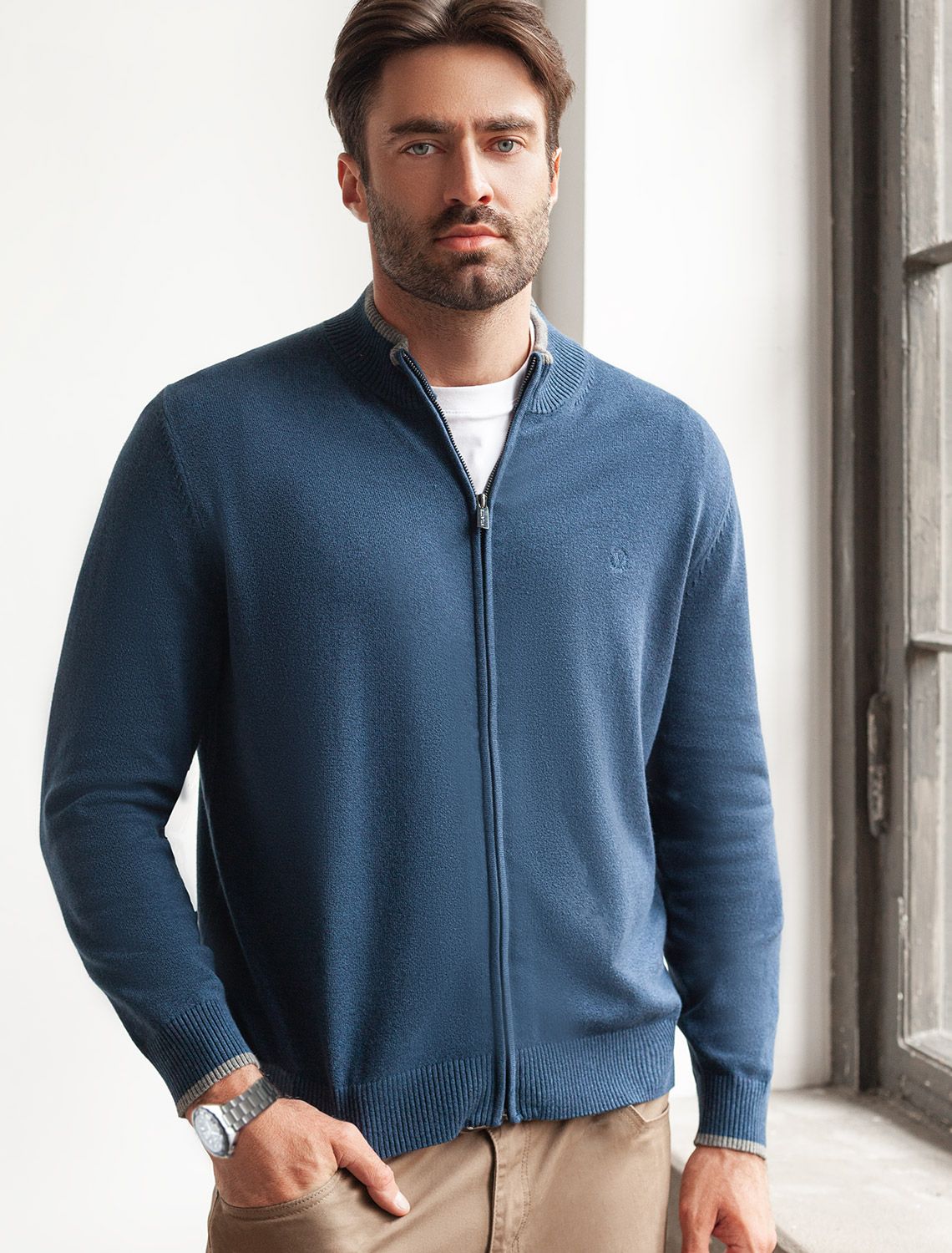 Кардиган на молнии из хлопка с нейлоном U31.000 светло-синий меланж