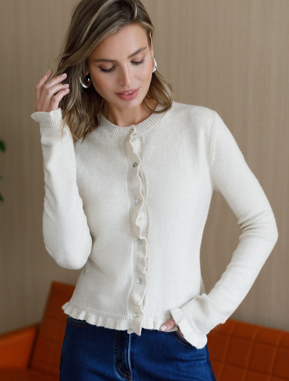 Кардиган из пряжи с кашемиром D31.149 овсяный меланж