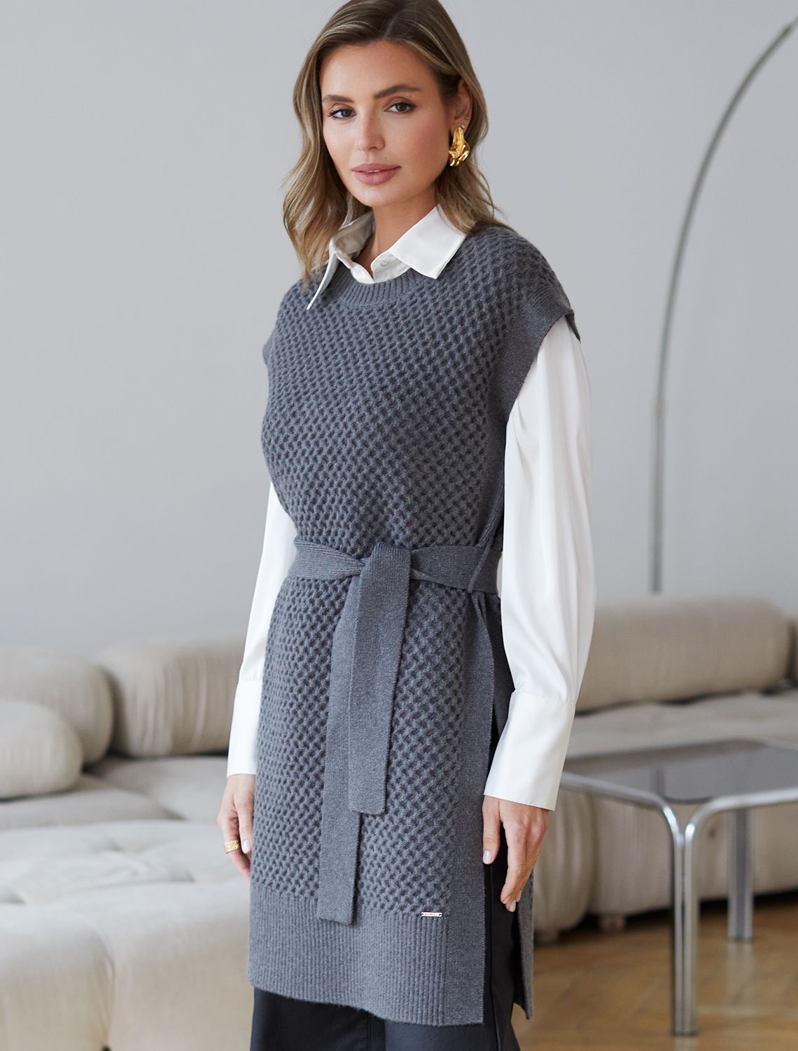 Удлиненный жилет из пряжи с кашемиром D37.018 темно-серый меланж