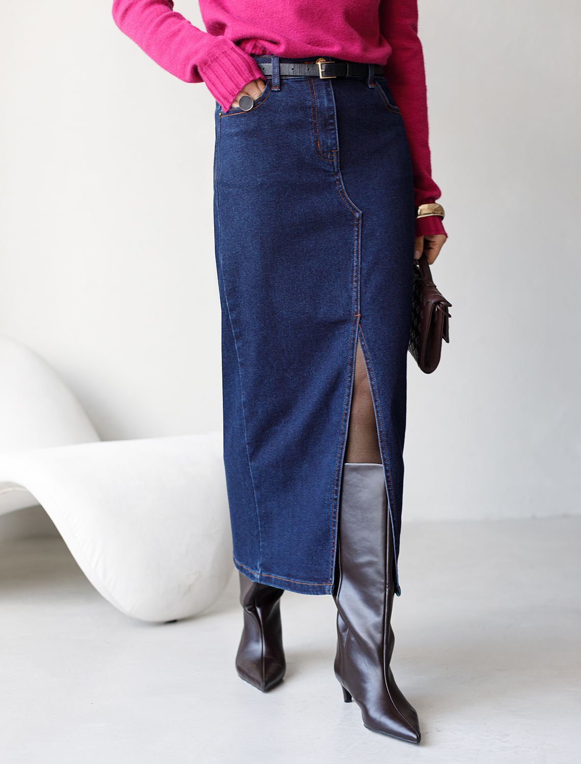 Джинсовая юбка из плотной эластичной джинсы 13OZ. D56.124 темно-синий