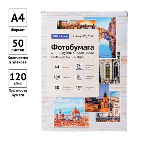 Фотобумага А4 для стр. принтеров OfficeSpace, 120г/м2 (50л) матовая односторонняя, PP_2833, 302535